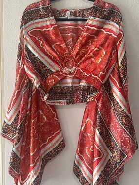 Truth NYC Red Paisley Twist-Front Crop Top with Black Accents